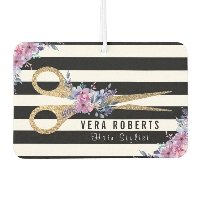 Hair Stylist Glitter Scissor Beauty stripes floral Car Air Freshener (Front)
