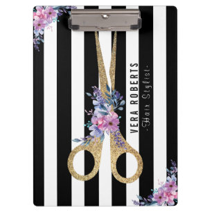 Hair Stylist Glitter Scissor Striped floral Clipboard