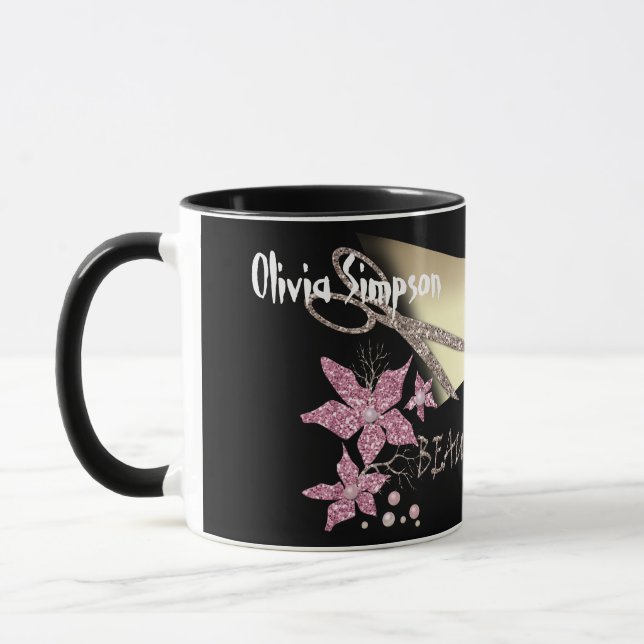 Hair Stylist Glitter Shiny Scissor Flowers Beauty Mug (Left)