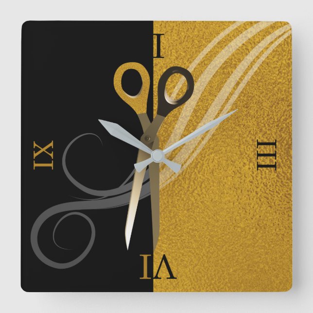 Hair Stylist Gold & Black Scissors | Hair Salon Square Wall Clock (Front)