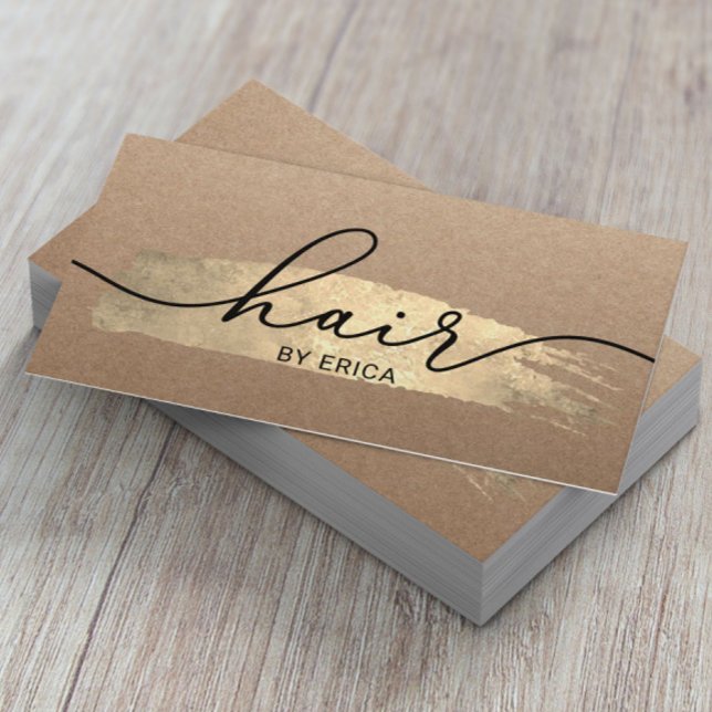Hair Stylist Gold Brush Stroke Salon Rustic Kraft Business Card (Creator Uploaded)
