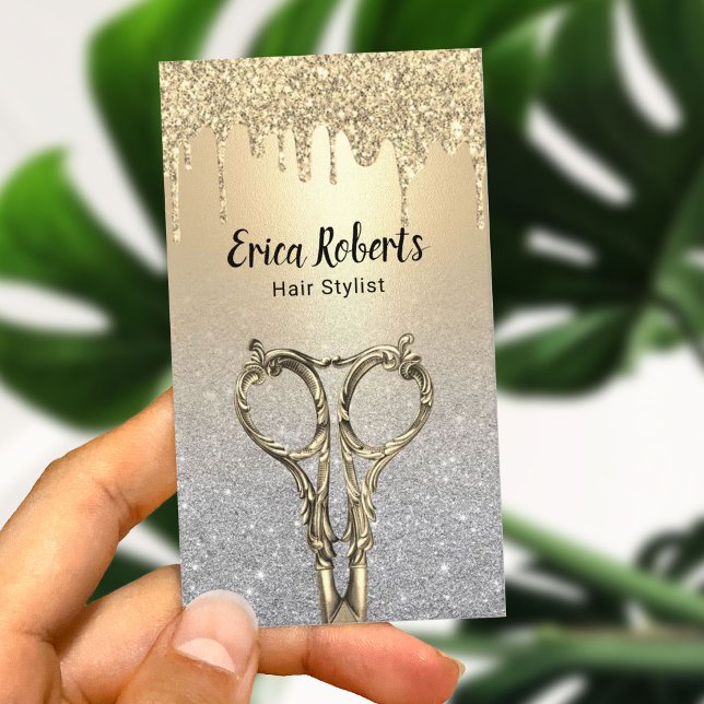 Hair Stylist Gold Drips Silver Glitter Salon Business Card (Creator Uploaded)
