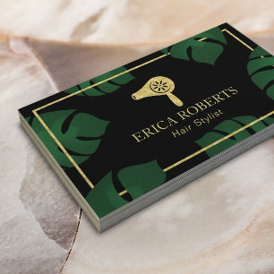 Hair Stylist Gold Dryer Logo Tropical Salon Spa Business Card