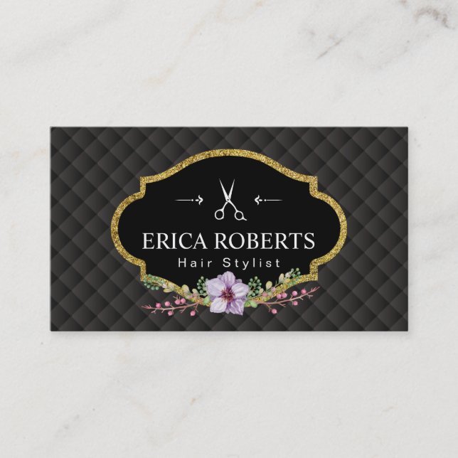 Hair Stylist Gold Floral Label Luxury Dark Quilted Business Card (Front)
