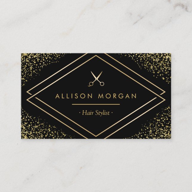 Hair Stylist Gold Glitter Confetti Scissors Logo Business Card (Front)
