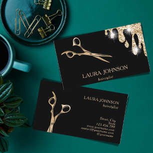 Hair Stylist Gold Glitter Drips Scissors Business Card