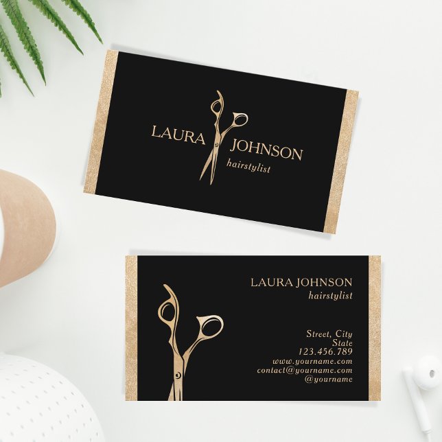Hair Stylist Gold Glitter Scissors Beauty Salon Business Card (Creator Uploaded)