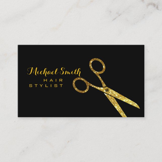 Hair Stylist Gold Glitter Scissors Business Card (Front)