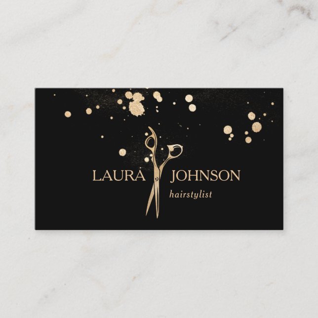 Hair Stylist  Gold Glitter Splatter Scissors Business Card (Front)