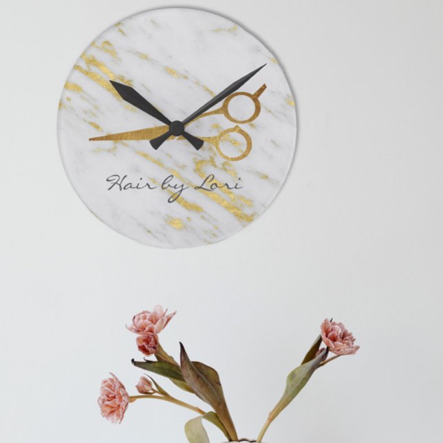 Hair Stylist Gold Marble Scissors Personalised Round Clock (Creator Uploaded)