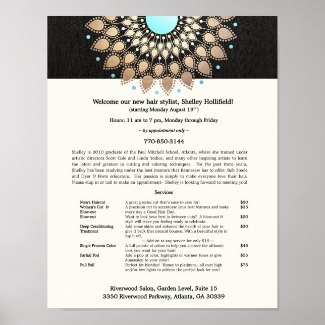Hair Stylist Gold Ornate Motif Black Linen Look Poster (Front)