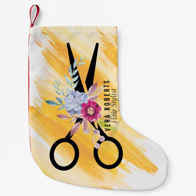 Hair Stylist Gold Scissor & Beauty Salon Christmas Small Christmas Stocking (Front)