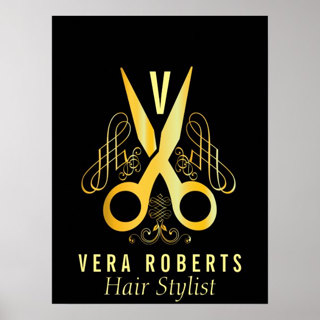 Hair Stylist Gold Scissor & Beauty Salon elegant Poster (Front)