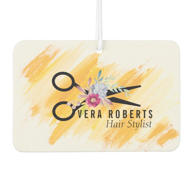 Hair Stylist Gold Scissor & Beauty Salon floral Car Air Freshener (Front)