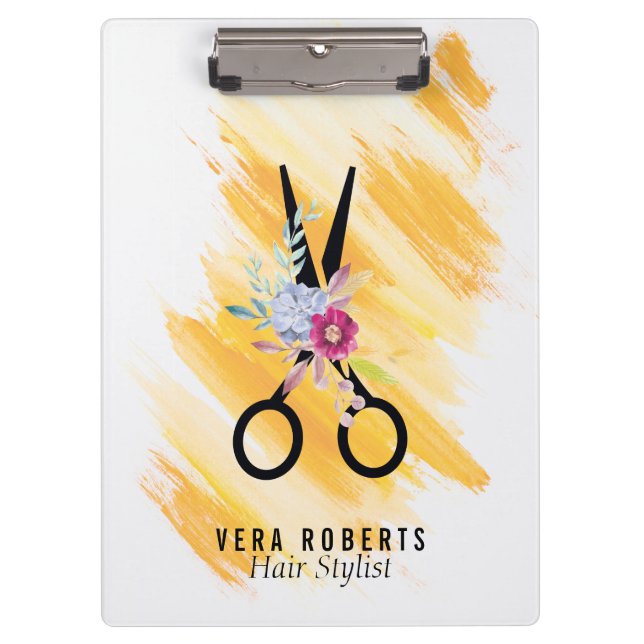 Hair Stylist Gold Scissor & Beauty Salon floral Clipboard (Front)