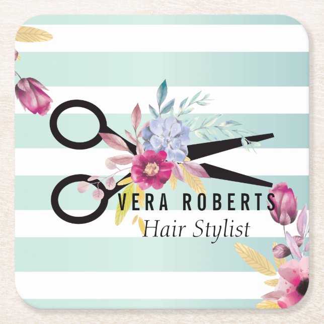Hair Stylist Gold Scissor & Beauty Salon Floral Square Paper Coaster (Front)