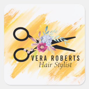 Hair Stylist Gold Scissor & Beauty Salon Floral Square Sticker