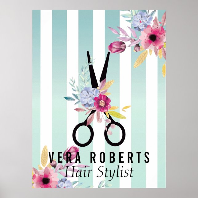 Hair Stylist Gold Scissor & Beauty Striped floral Poster (Front)