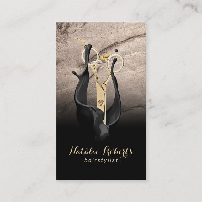 Hair Stylist Gold Scissor Black & Bornze Salon Business Card (Front)