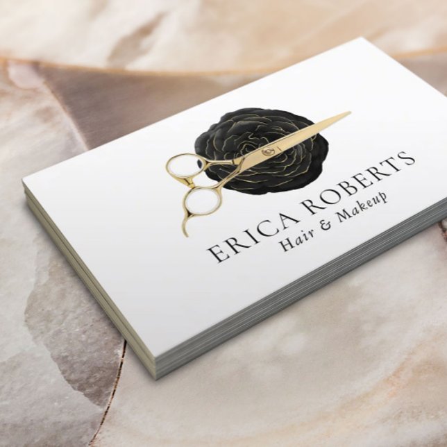 Hair Stylist Gold Scissor Black Rose Beauty Salon Business Card (Creator Uploaded)