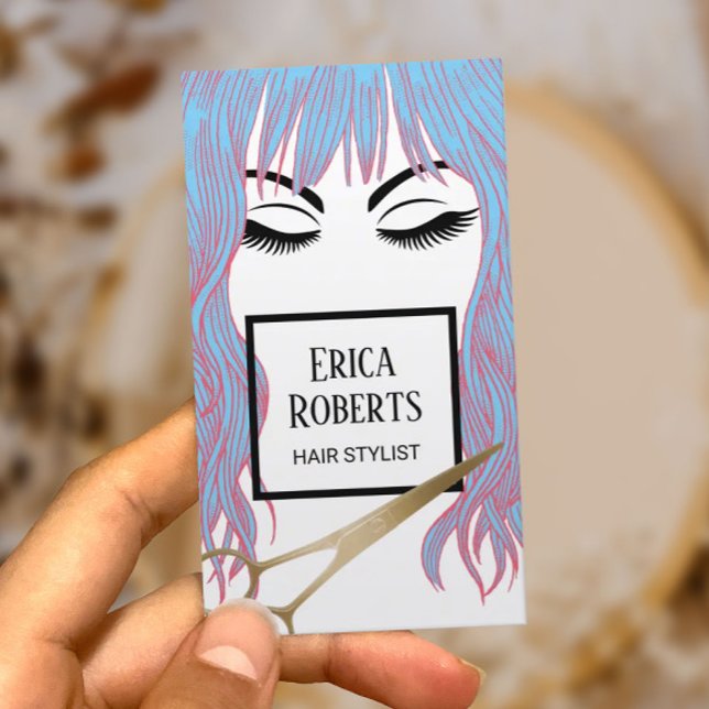 Hair Stylist Gold Scissor & Blue Hair Girl Salon Business Card (Creator Uploaded)