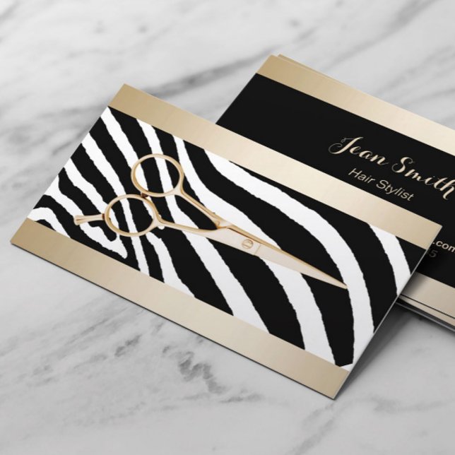 Hair Stylist Gold Scissor Classy Zebra Stripes Business Card (Creator Uploaded)
