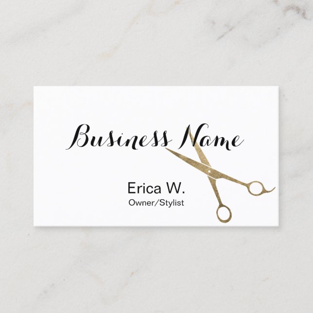 Hair Stylist Gold Scissor Elegant Custom Photo Business Card (Front)