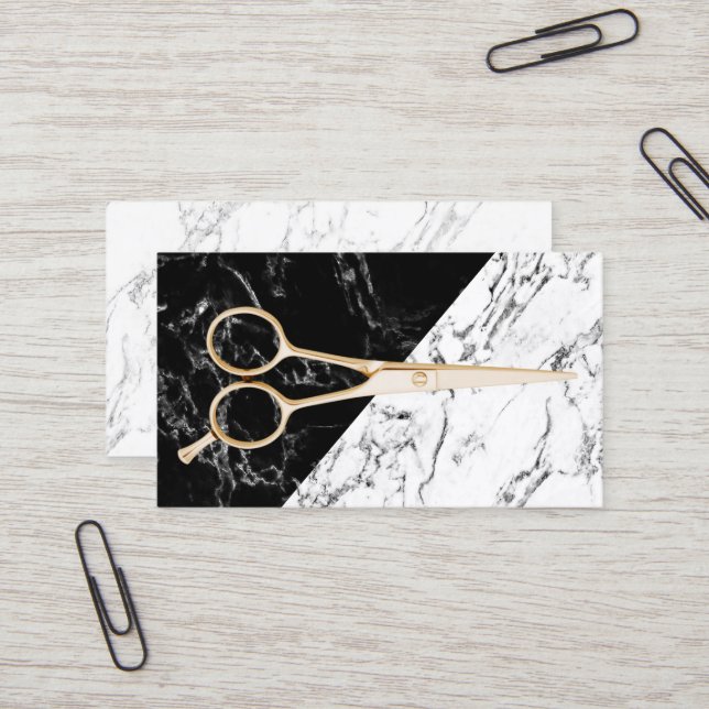 Hair Stylist Gold Scissor Elegant Marble Salon Business Card (Front/Back In Situ)