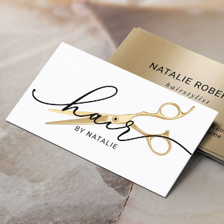Hair Stylist Gold Scissor Elegant Script Salon Business Card