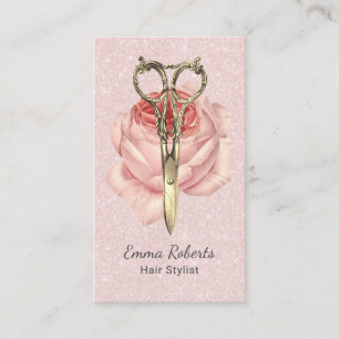 Hair Stylist Gold Scissor & Flower Blush Pink Business Card