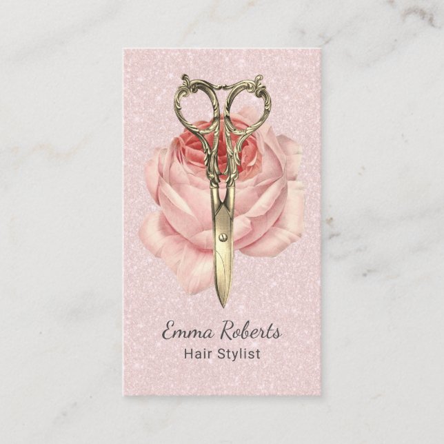 Hair Stylist Gold Scissor & Flower Blush Pink Business Card (Front)