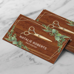 Hair Stylist Gold Scissor Geometric Greenery Wood Business Card