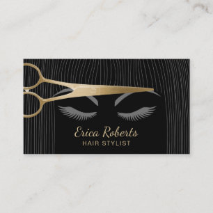 Hair Stylist Gold Scissor & Girl Hair Salon Black Business Card