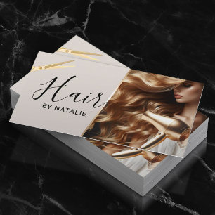 Hair Stylist Gold Scissor Girl Photo Beauty Salon Business Card
