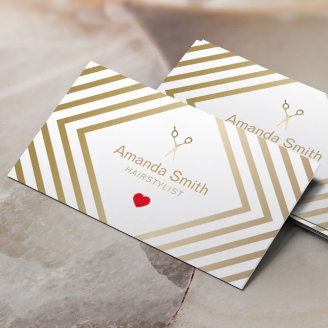 Hair Stylist Gold Scissor & Heart Geometric Salon Business Card (Creator Uploaded)