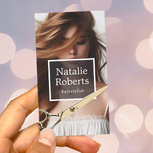 Hair Stylist Gold Scissor & Long Hair Girl Salon Business Card