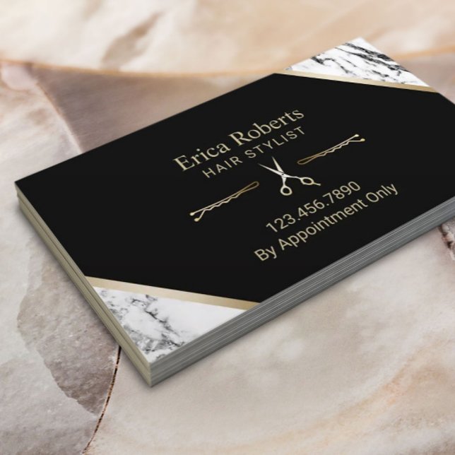 Hair Stylist Gold Scissor Modern Marble Hair Salon Business Card (Creator Uploaded)