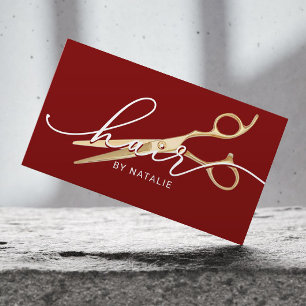 Hair Stylist Gold Scissor Modern Red Beauty Salon Business Card