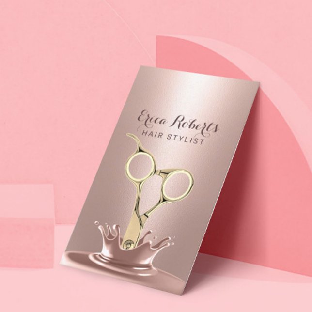 Hair Stylist Gold Scissor Modern Rose Gold Splash Business Card (Creator Uploaded)