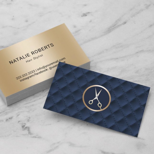 Hair Stylist Gold Scissor Navy Blue Quilts Salon Business Card (Creator Uploaded)
