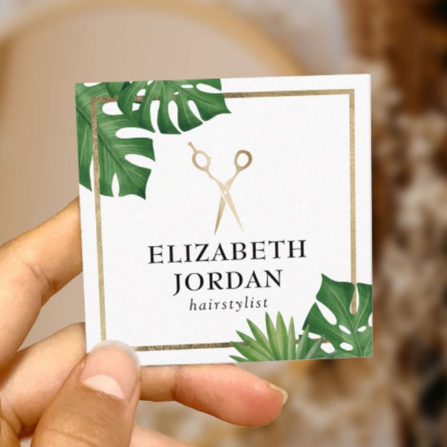 Hair Stylist Gold Scissor Salon Tropical Leaves Square Business Card (Creator Uploaded)
