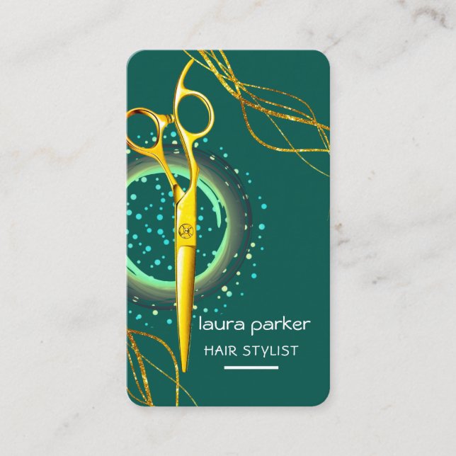 Hair Stylist Gold Scissors Green Salon Spa Business Card (Front)
