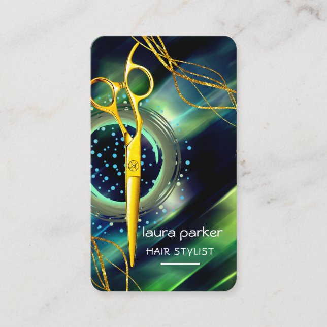 Hair Stylist Gold Scissors Green Salon Spa Business Card (Front)