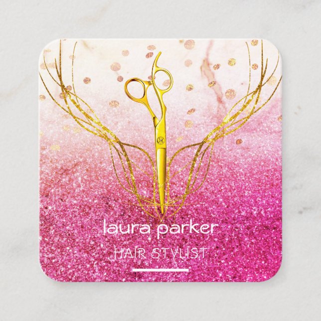 Hair Stylist Gold Scissors Pink Elegant Salon  Square Business Card (Front)
