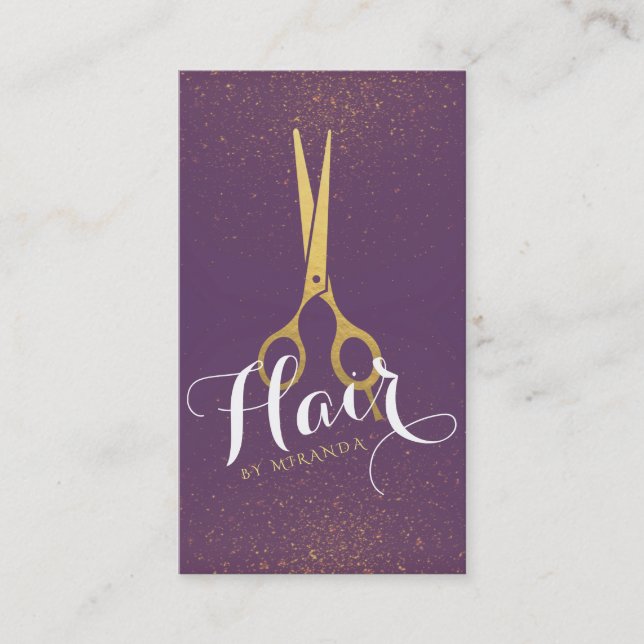 Hair Stylist Gold Scissors Purple and Gold Glitter Appointment Card (Front)