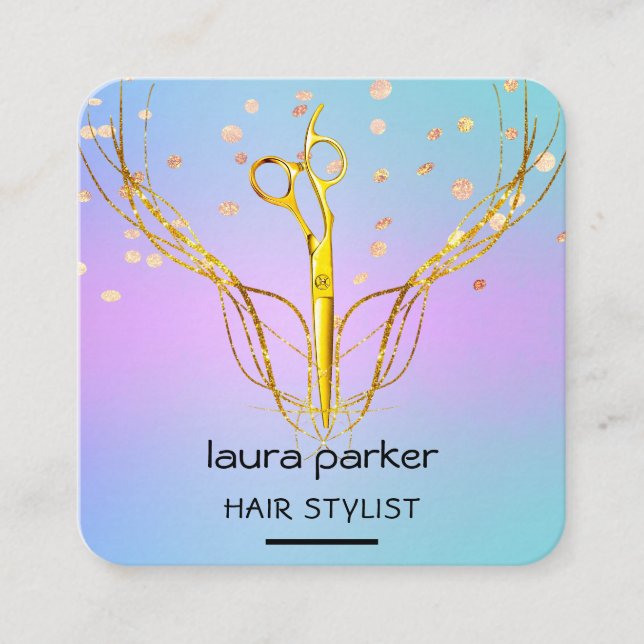 Hair Stylist Gold Scissors Purple Elegant Salon  Square Business Card (Front)