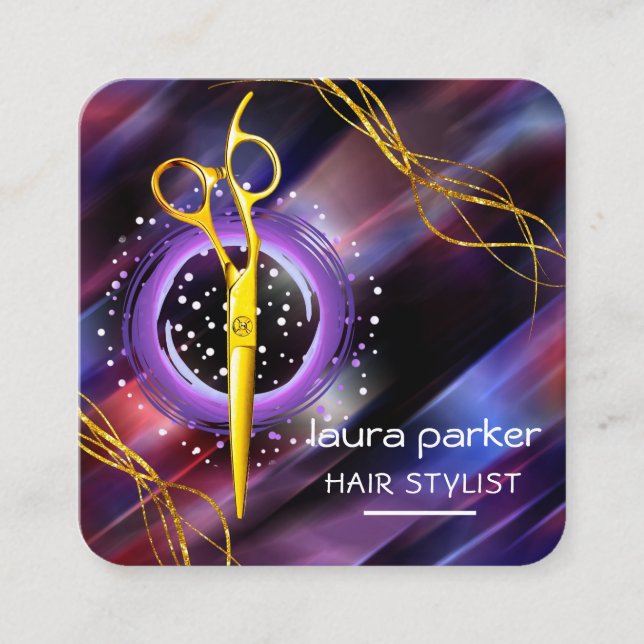 Hair Stylist Gold Scissors Purple Moon Salon  Square Business Card (Front)