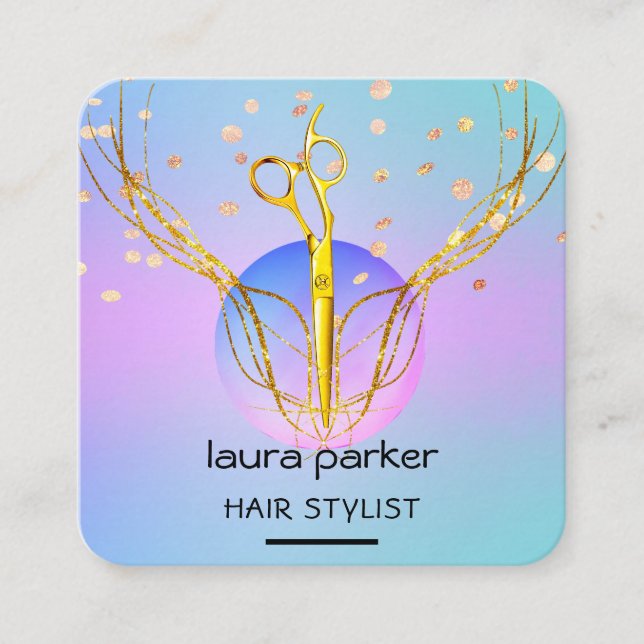 Hair Stylist Gold Scissors Purple Moon Salon  Square Business Card (Front)