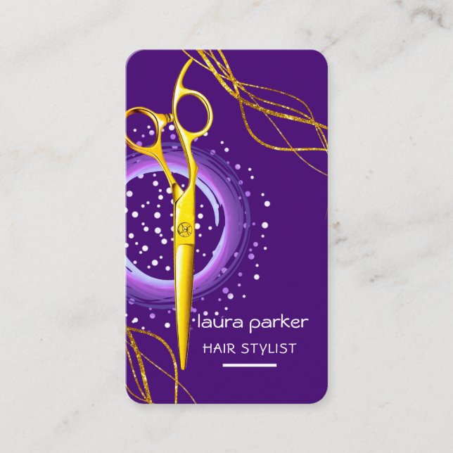 Hair Stylist Gold Scissors Purple Salon Spa Business Card (Front)