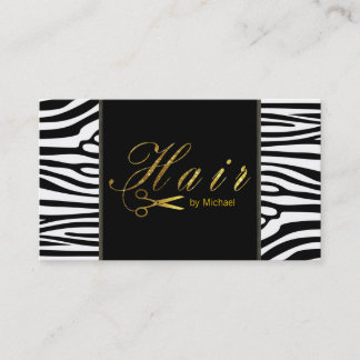 Hair Stylist Gold Scissors Script Modern Zebra Business Card
